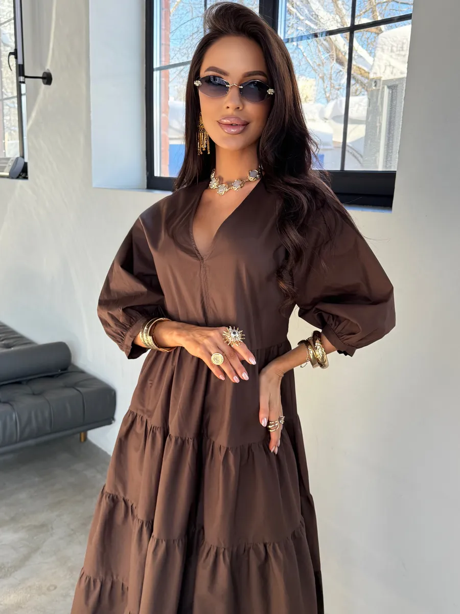 Шоколадное летнее длинное платье бохо больших размеров