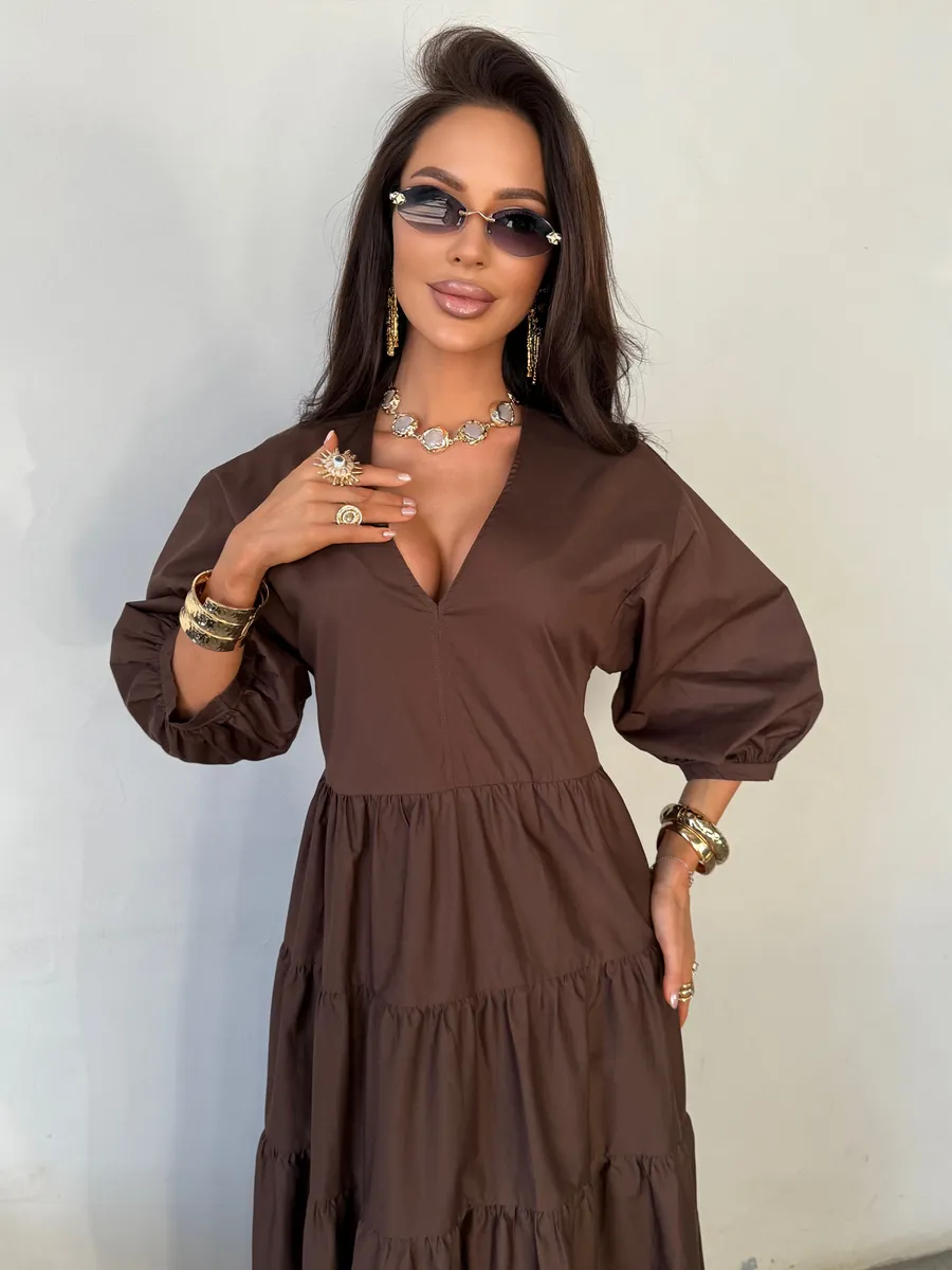 Шоколадное летнее длинное платье бохо больших размеров