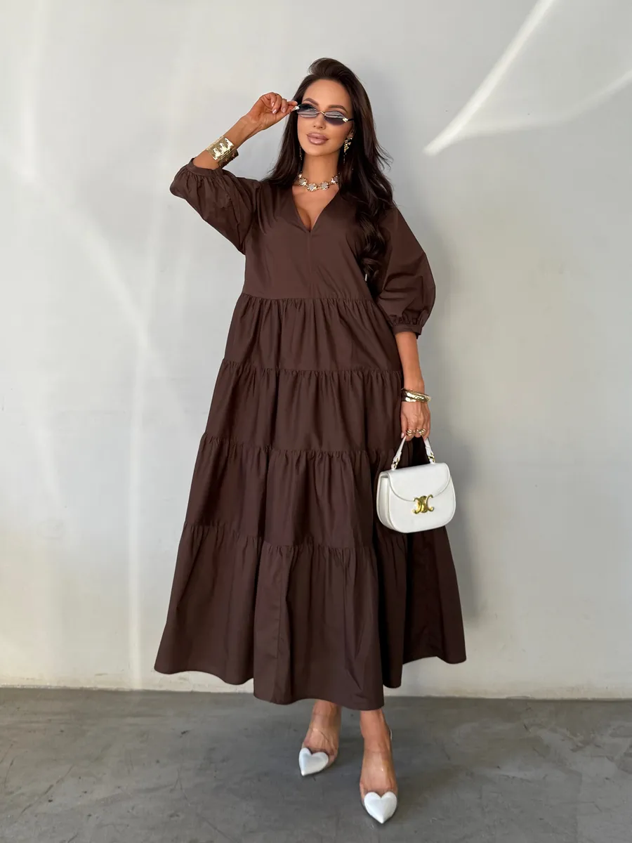 Шоколадное летнее длинное платье бохо больших размеров