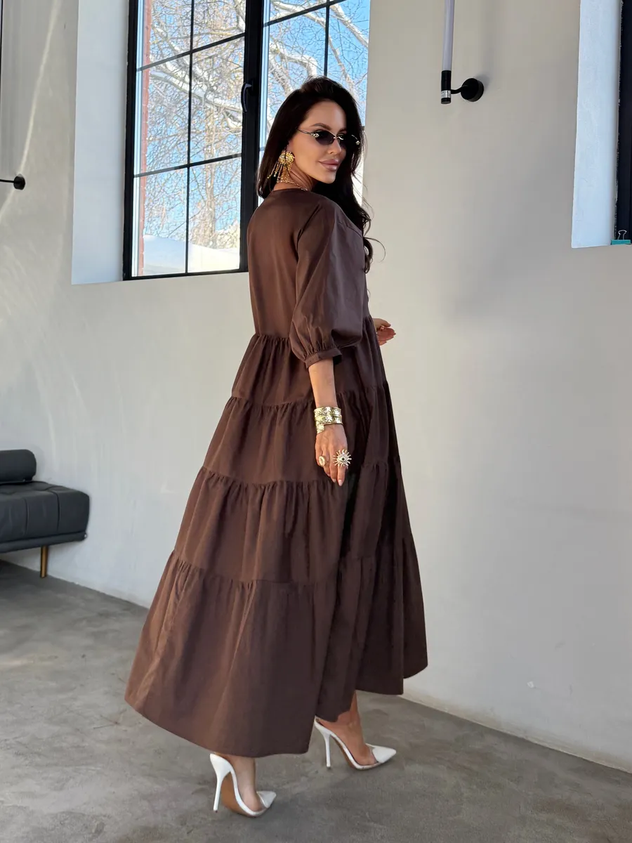 Шоколадное летнее длинное платье бохо больших размеров