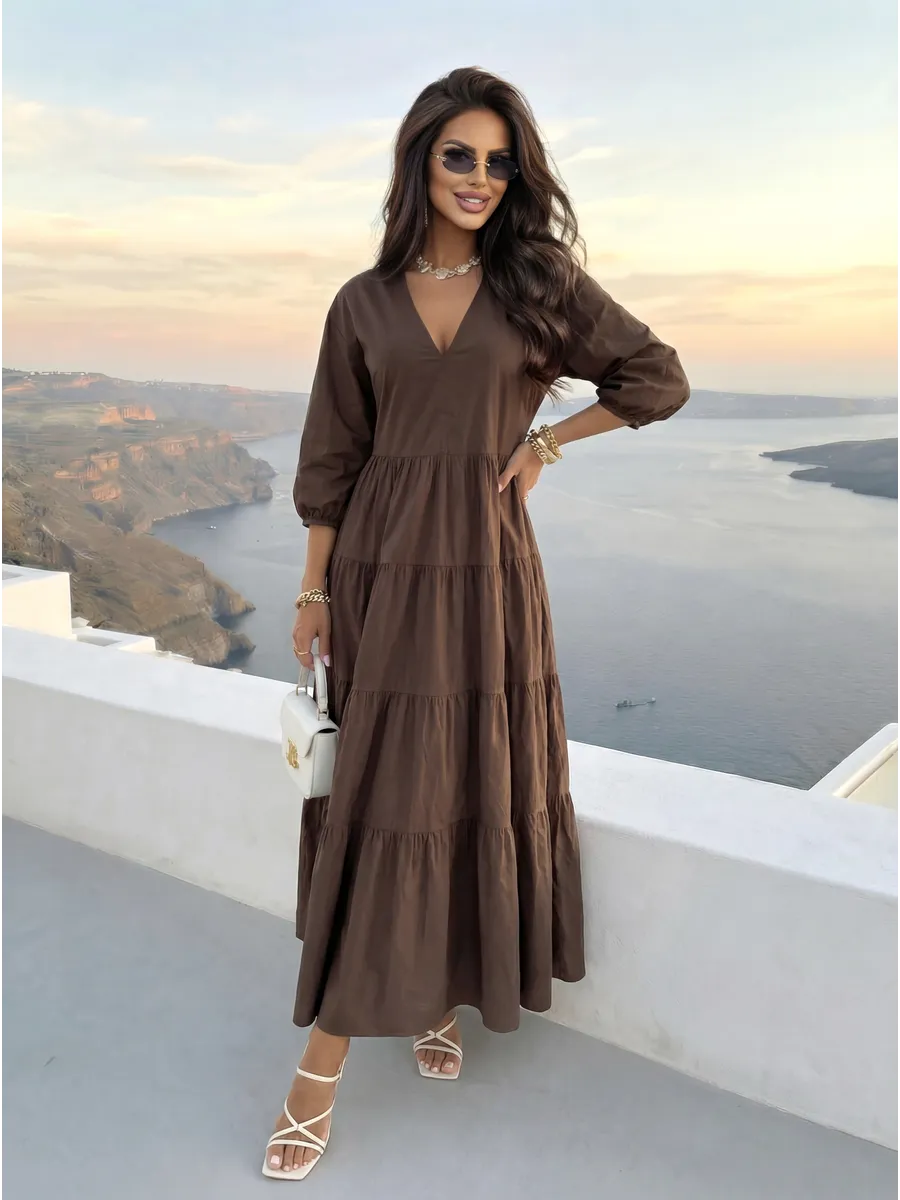 Шоколадное летнее длинное платье бохо больших размеров