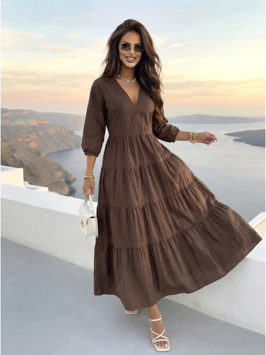 Шоколадное летнее длинное платье бохо больших размеров