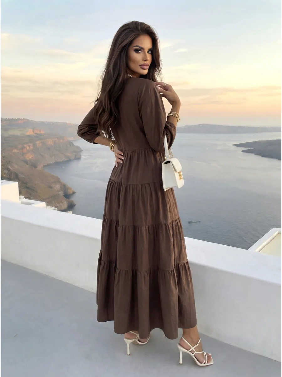 Шоколадное летнее длинное платье бохо больших размеров