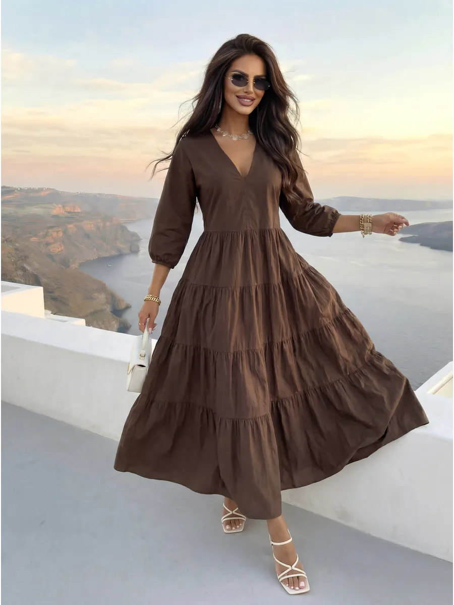 Шоколадное летнее длинное платье бохо больших размеров