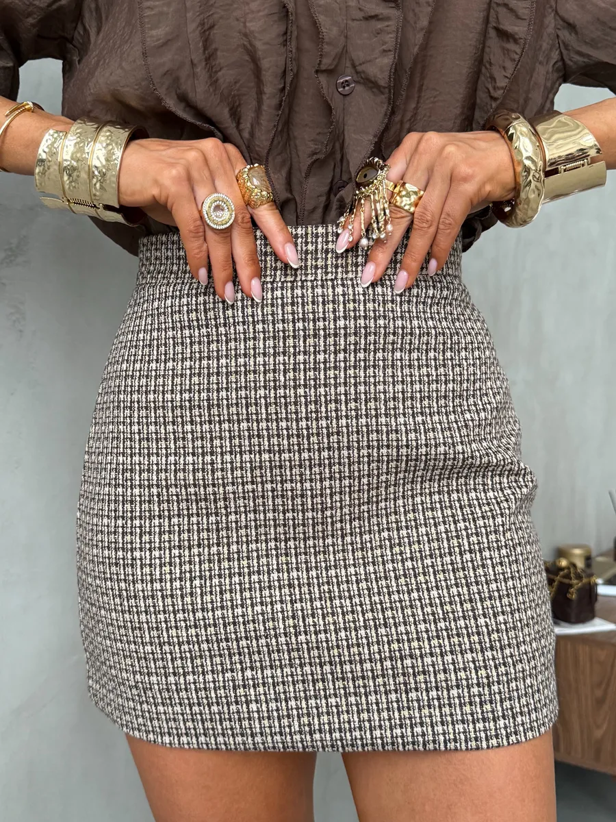 Коричневая юбка короткая мини твидовая
