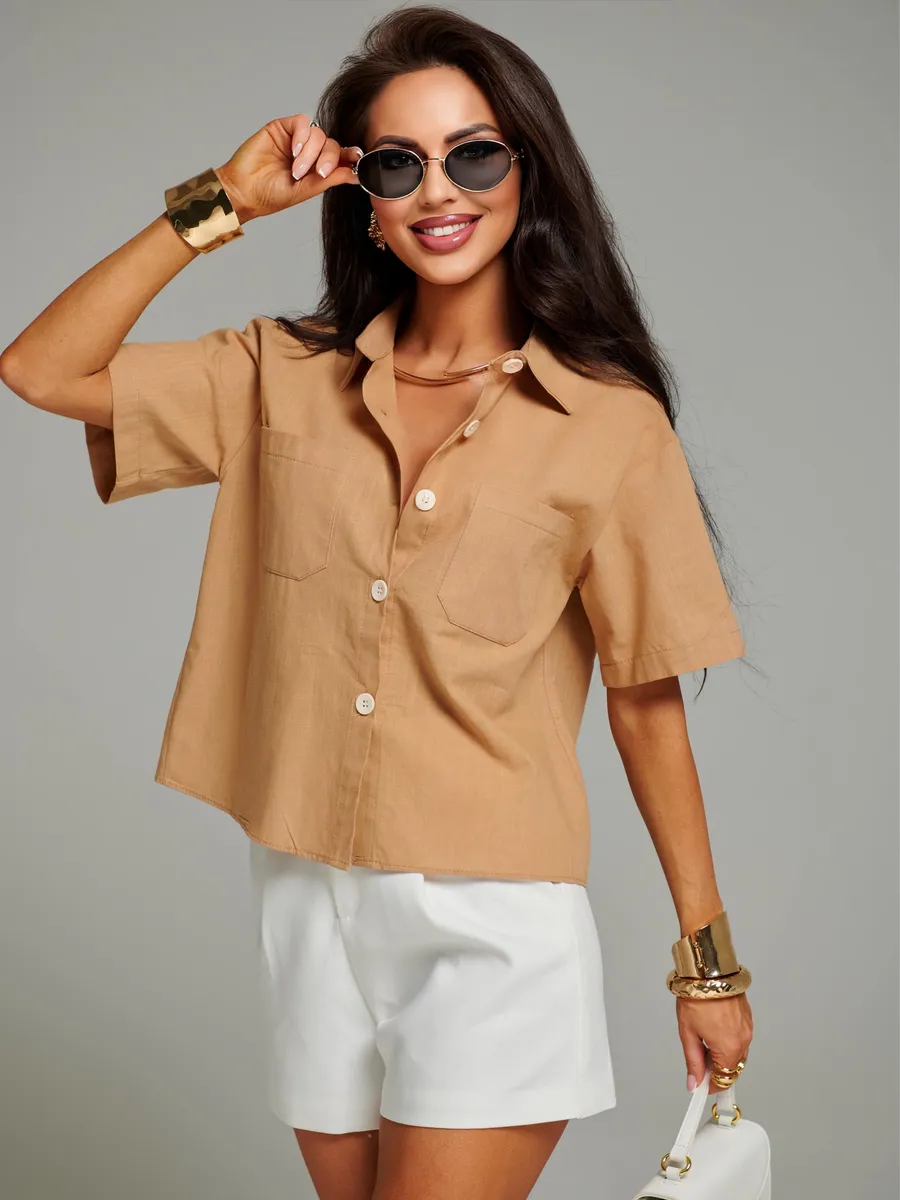 Бежевая рубашка с коротким рукавом