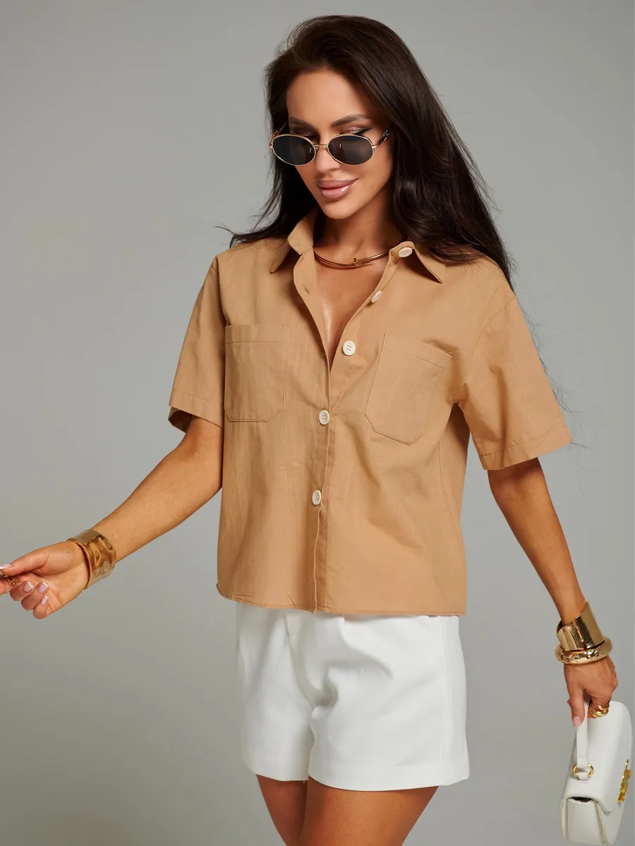 Бежевая рубашка с коротким рукавом
