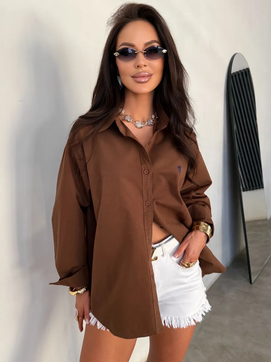 Коричневая летняя легкая рубашка оверсайз офисная