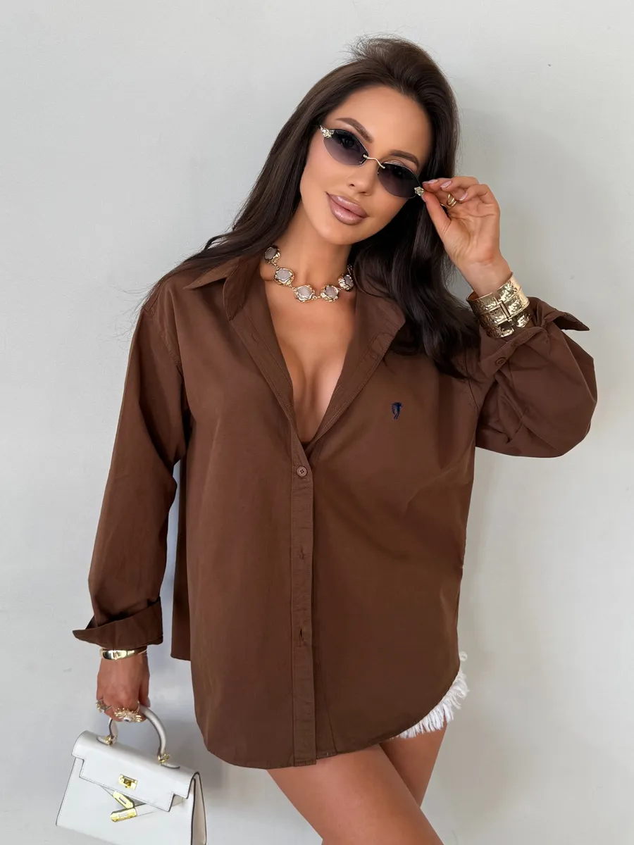 Коричневая летняя легкая рубашка оверсайз офисная