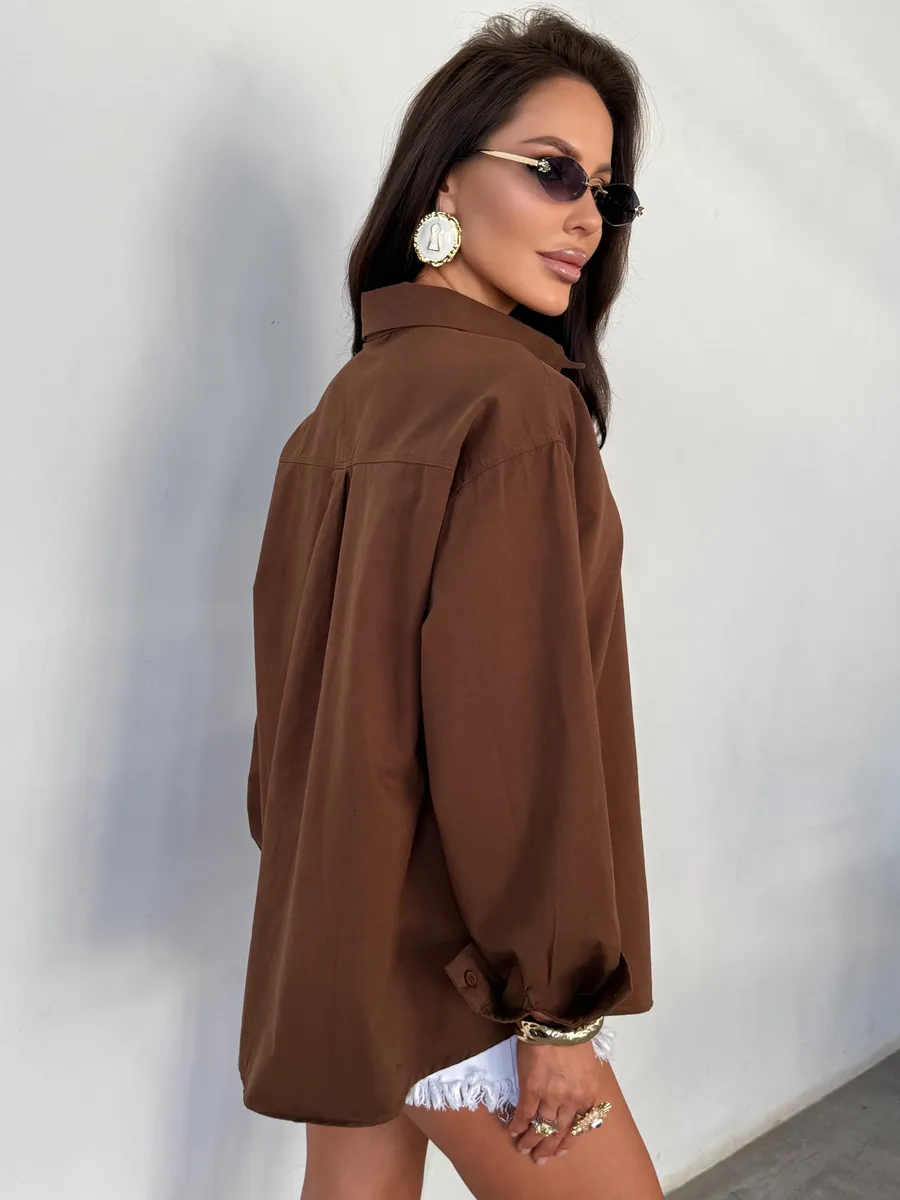 Коричневая летняя легкая рубашка оверсайз офисная