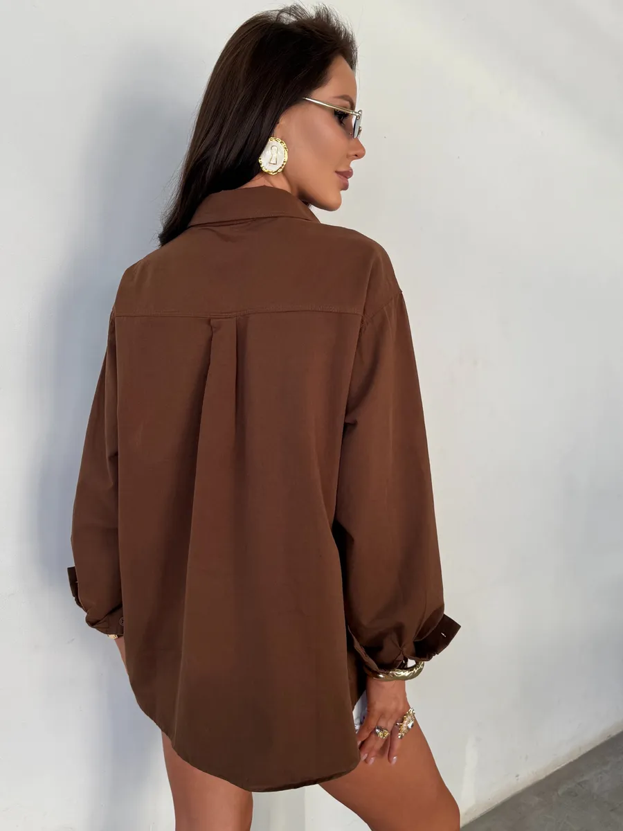 Коричневая летняя легкая рубашка оверсайз офисная