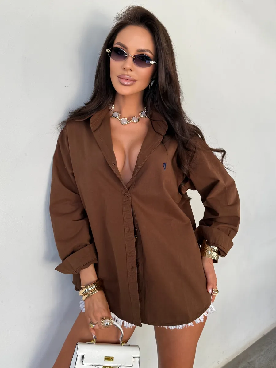 Коричневая летняя легкая рубашка оверсайз офисная