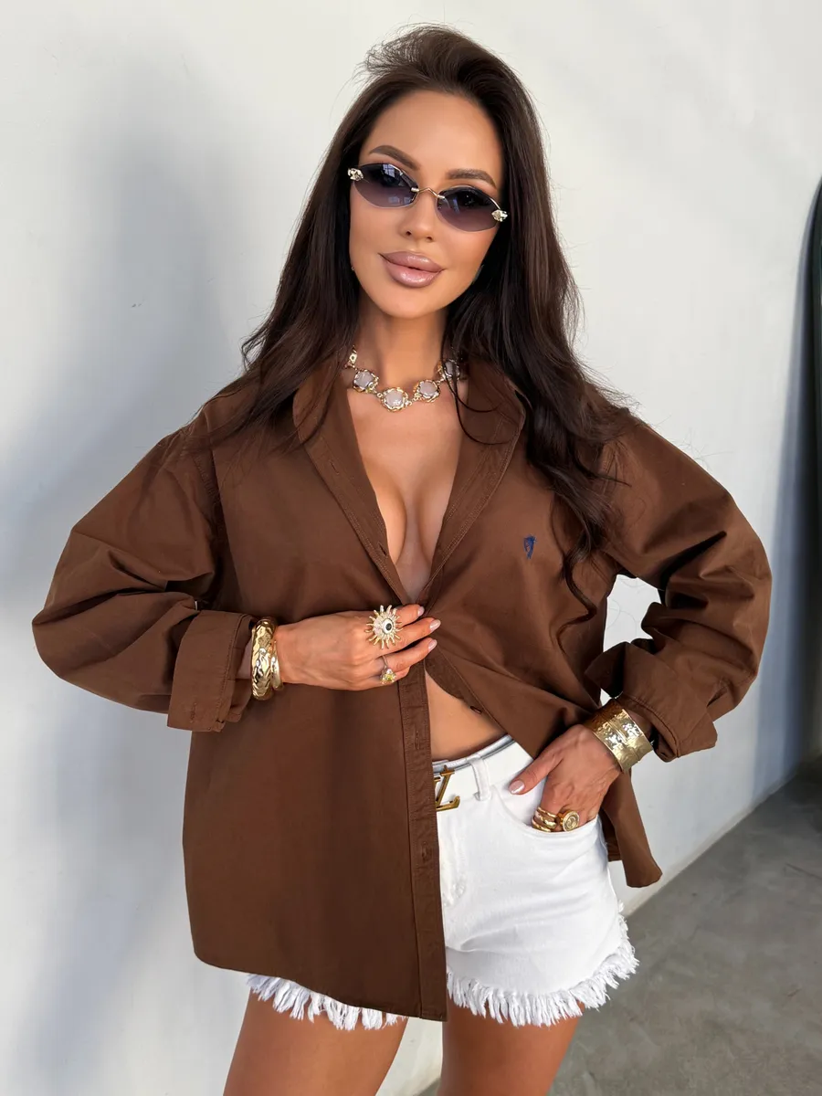 Коричневая летняя легкая рубашка оверсайз офисная