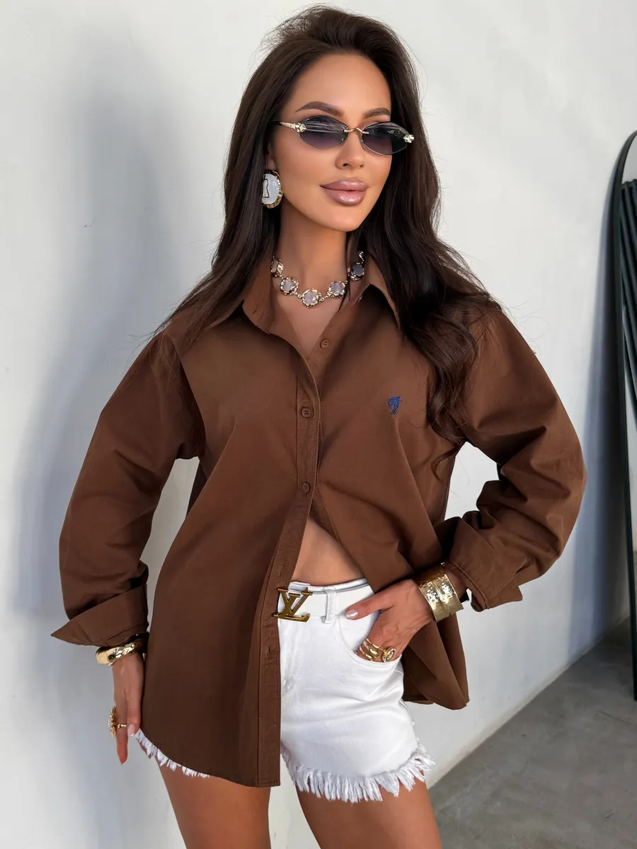 Коричневая летняя легкая рубашка оверсайз офисная