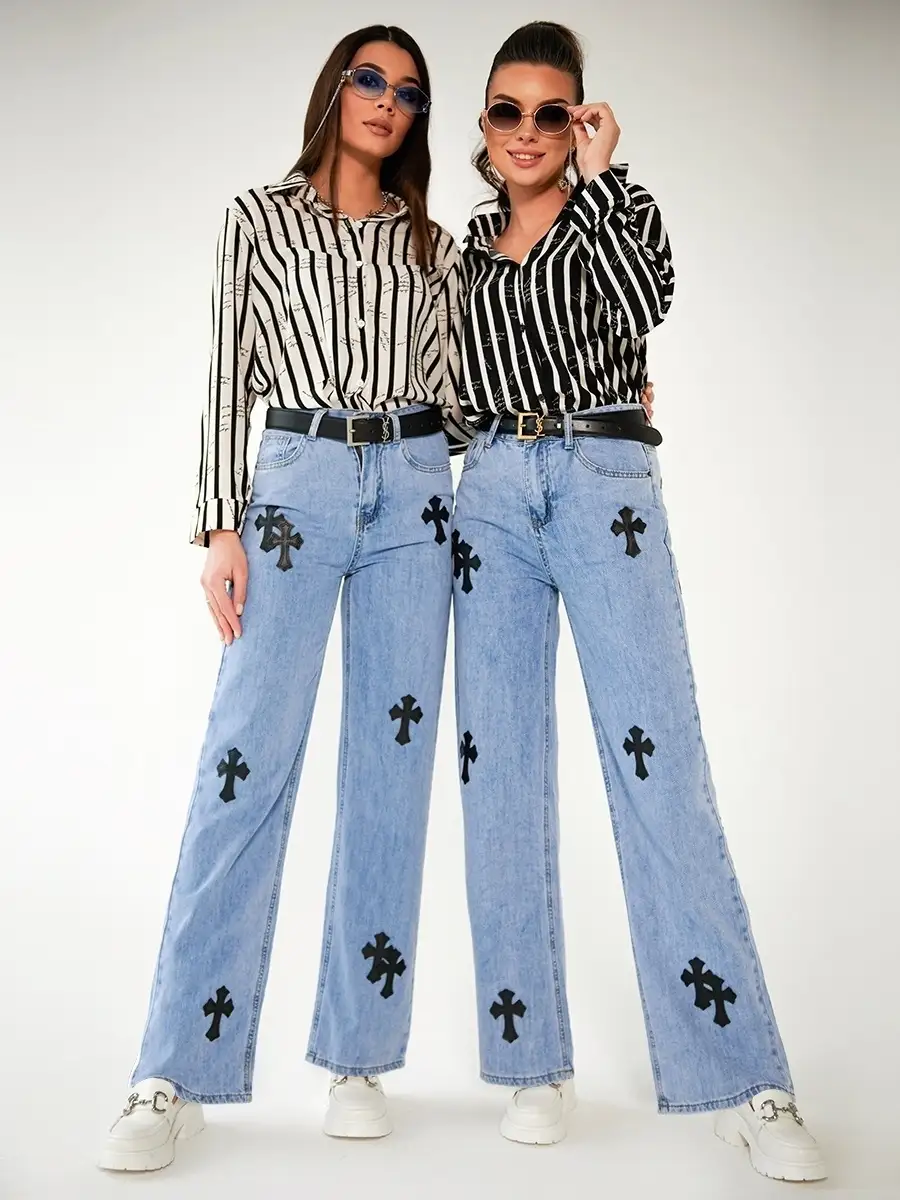 Джинсы женские трубы прямые широкие