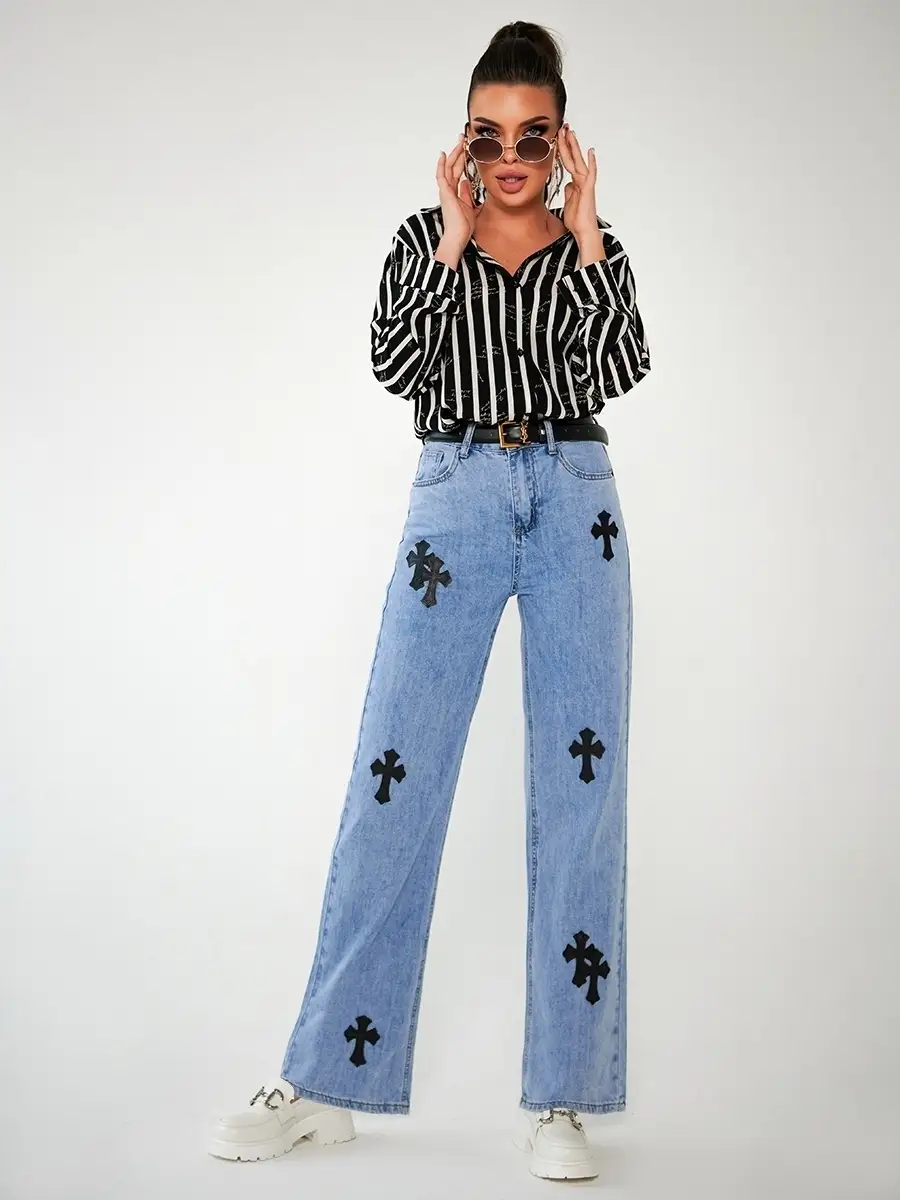 Джинсы женские трубы прямые широкие