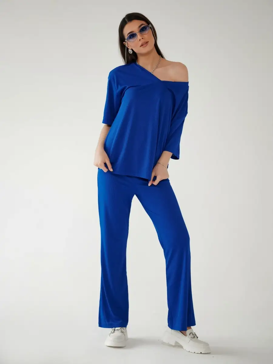 Синий женский спортивный костюм футболка хлопок и штаны