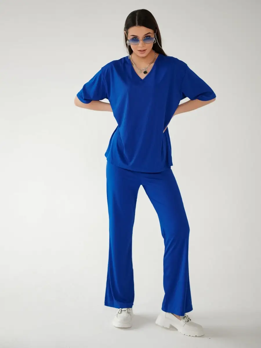 Синий женский спортивный костюм футболка хлопок и штаны