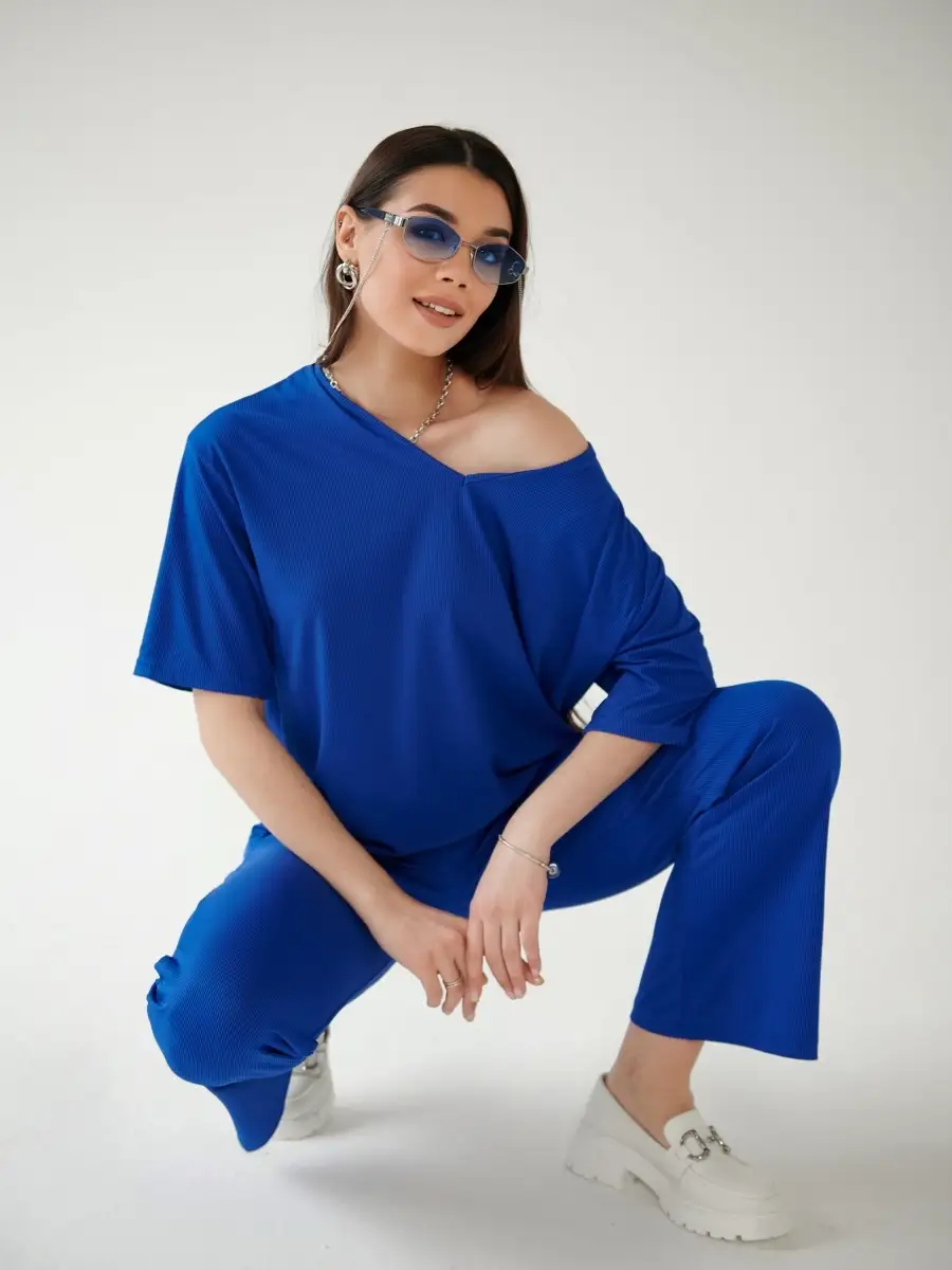 Синий женский спортивный костюм футболка хлопок и штаны