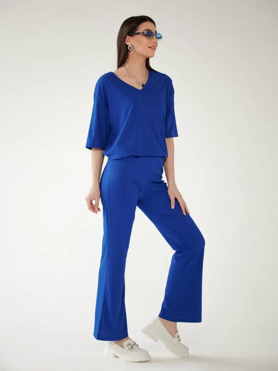 Синий женский спортивный костюм футболка хлопок и штаны