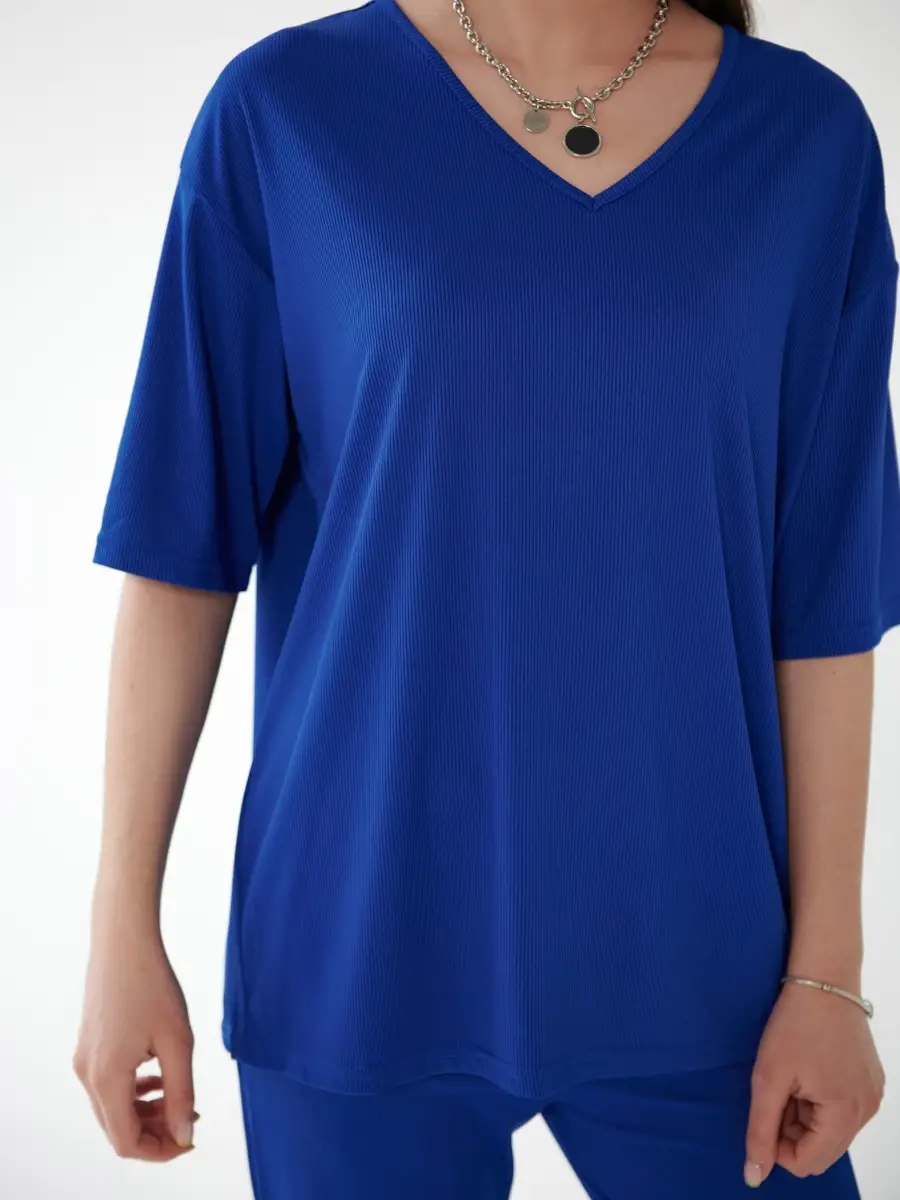 Синий женский спортивный костюм футболка хлопок и штаны