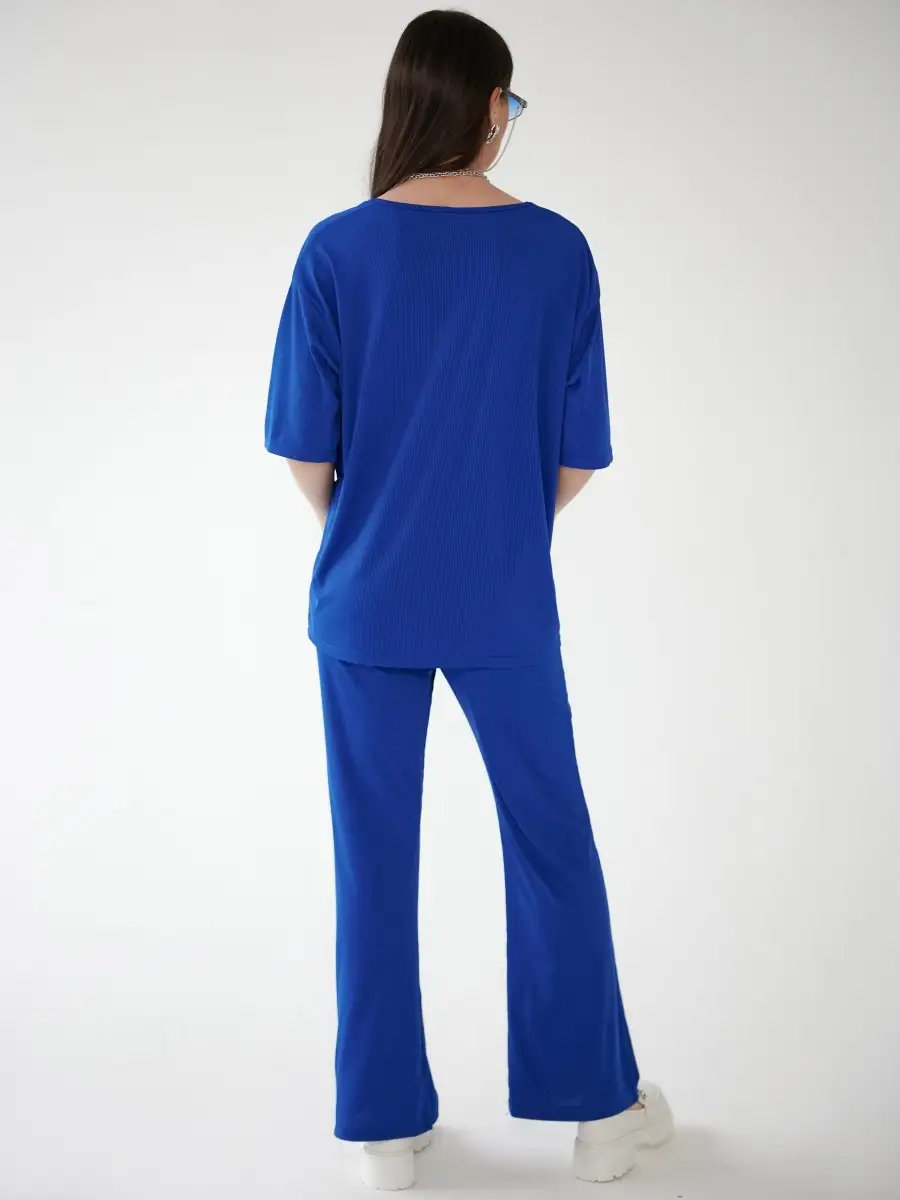 Синий женский спортивный костюм футболка хлопок и штаны