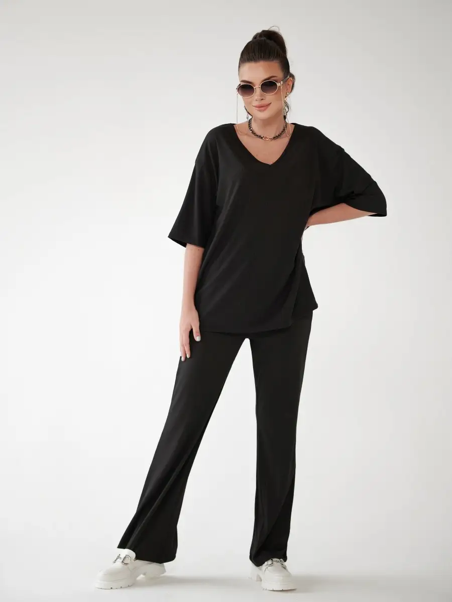 Черный женский спортивный костюм футболка хлопок и штаны