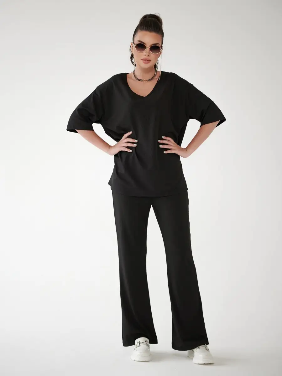 Черный женский спортивный костюм футболка хлопок и штаны