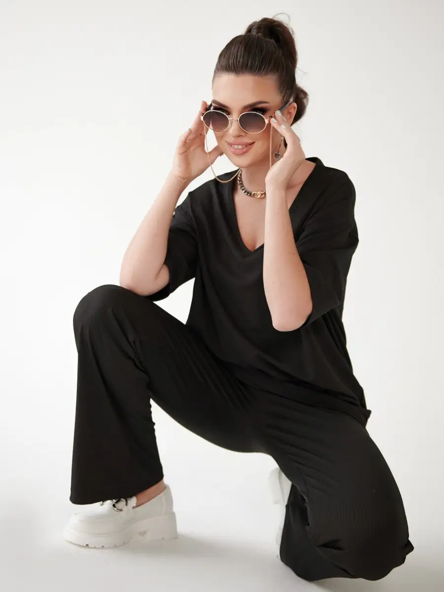 Черный женский спортивный костюм футболка хлопок и штаны