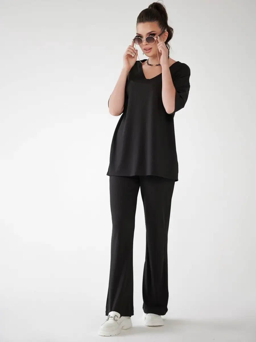 Черный женский спортивный костюм футболка хлопок и штаны