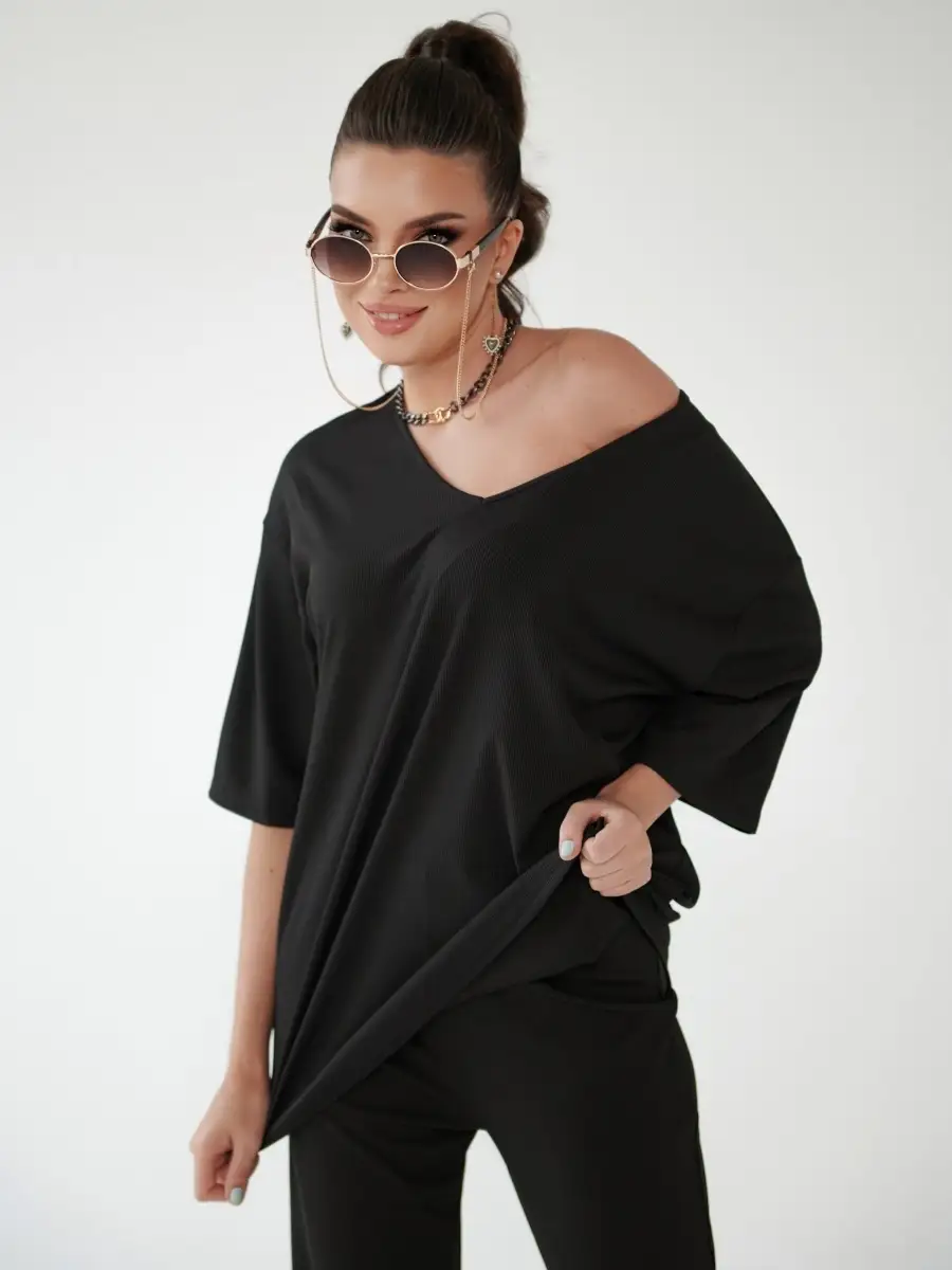 Черный женский спортивный костюм футболка хлопок и штаны