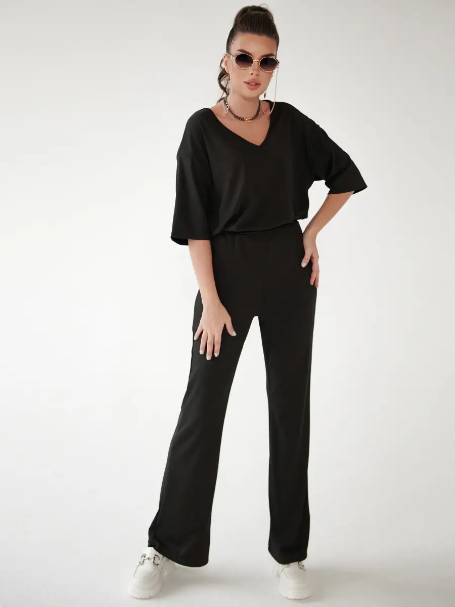 Черный женский спортивный костюм футболка хлопок и штаны