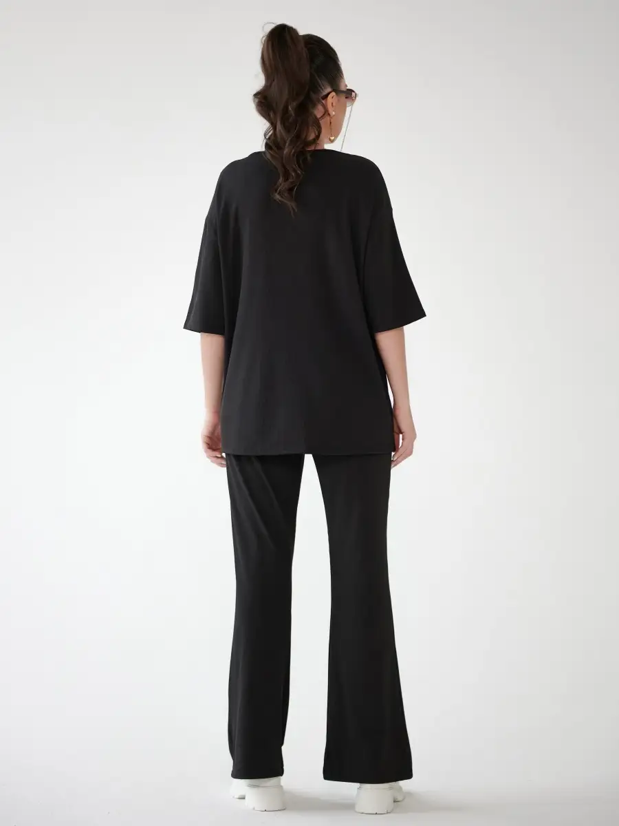 Черный женский спортивный костюм футболка хлопок и штаны