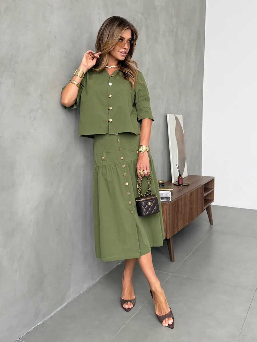 Хаки летний праздничный костюм с юбкой