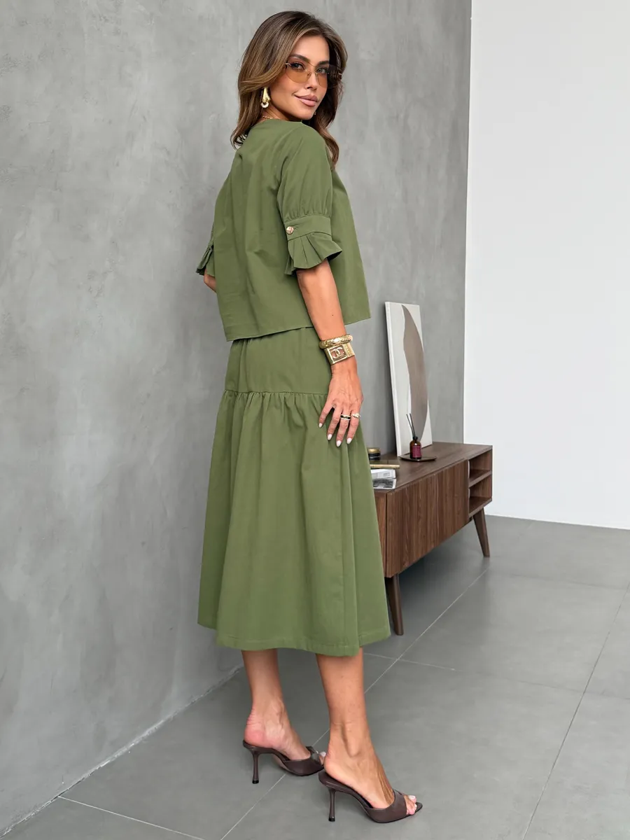 Хаки летний праздничный костюм с юбкой