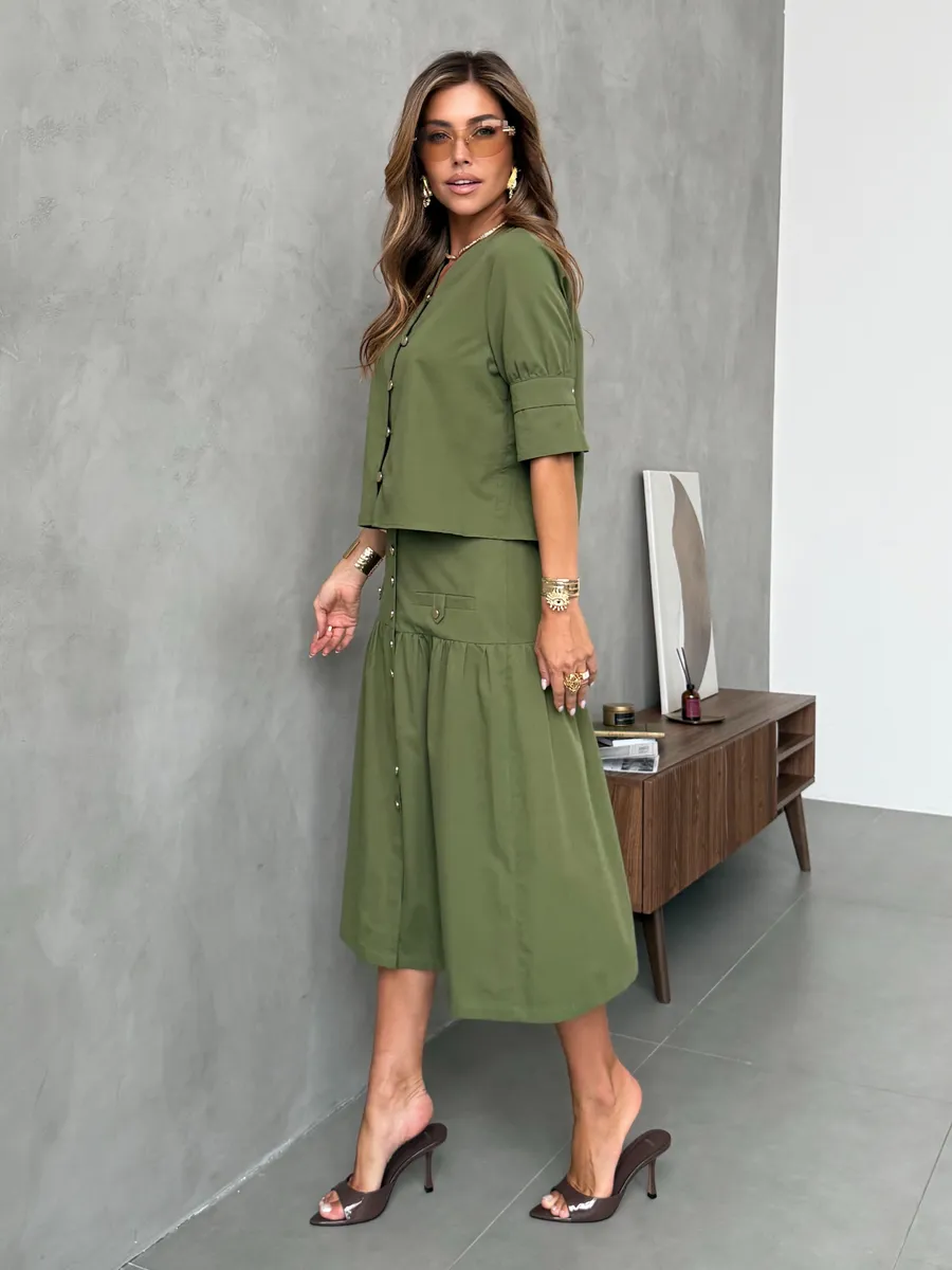 Хаки летний праздничный костюм с юбкой
