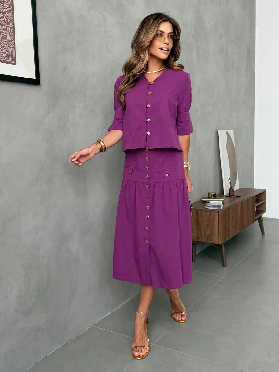 Фиолетовый летний праздничный костюм с юбкой