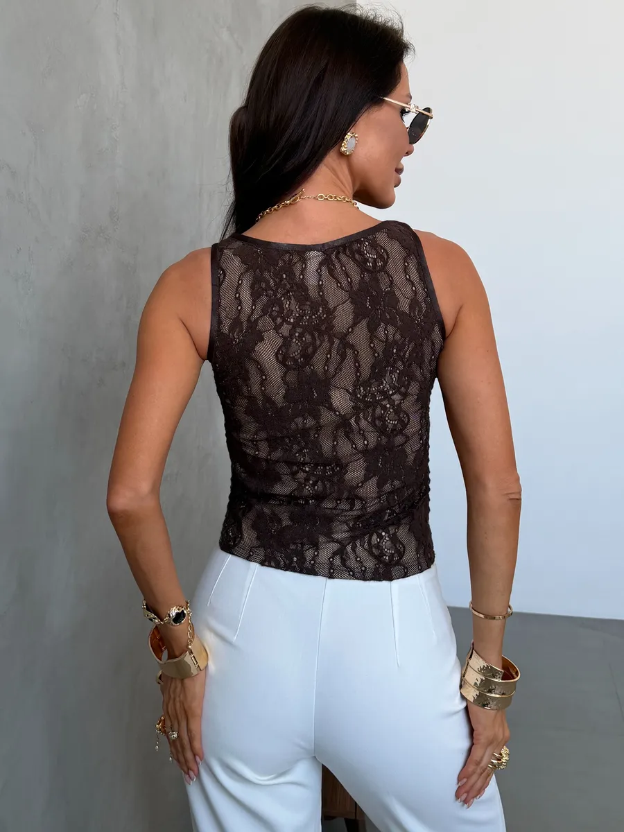 Коричневый кружевной топ вечерний летний под пиджак
