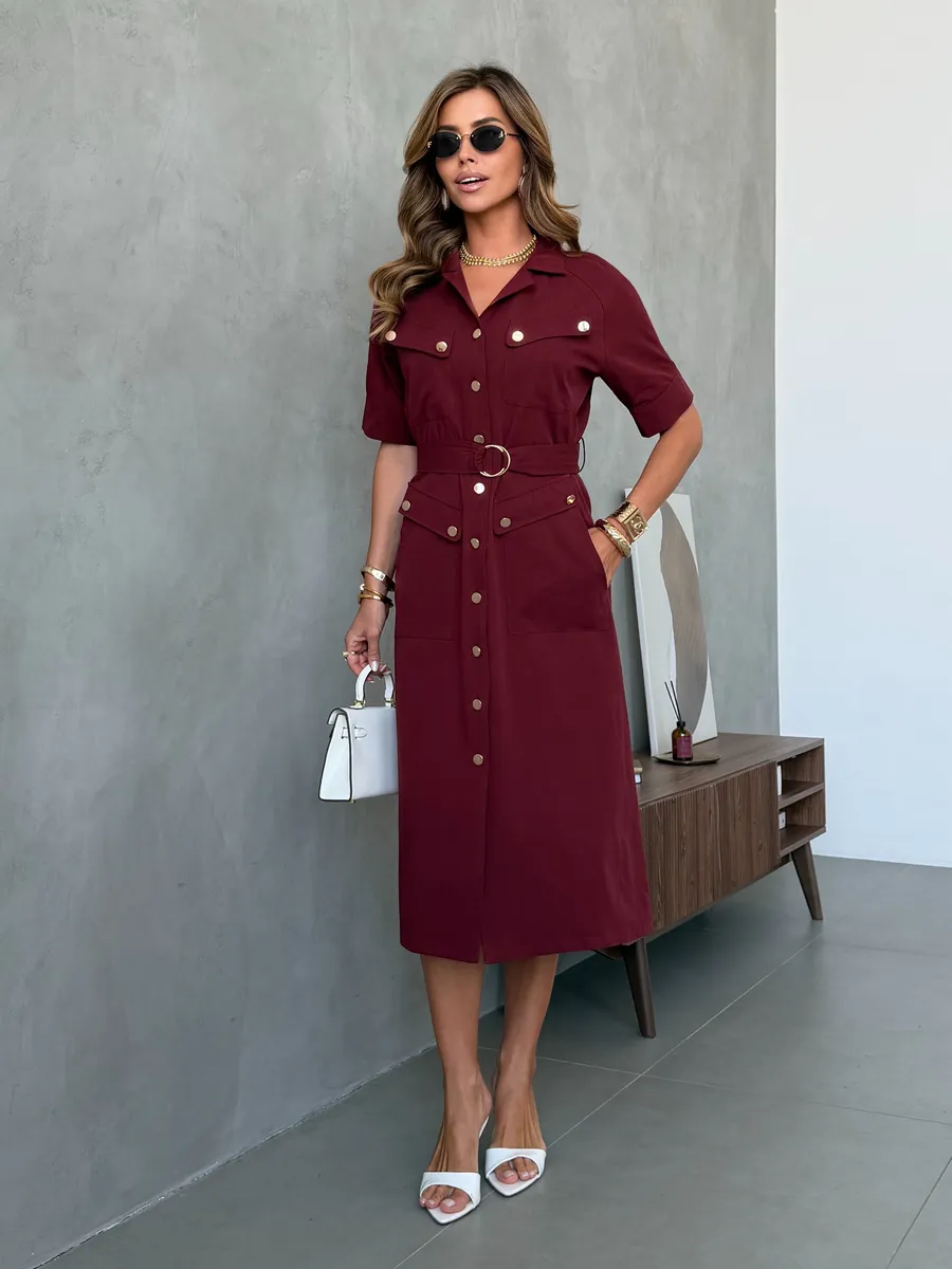 Бордовое повседневное летнее платье рубашка офисное