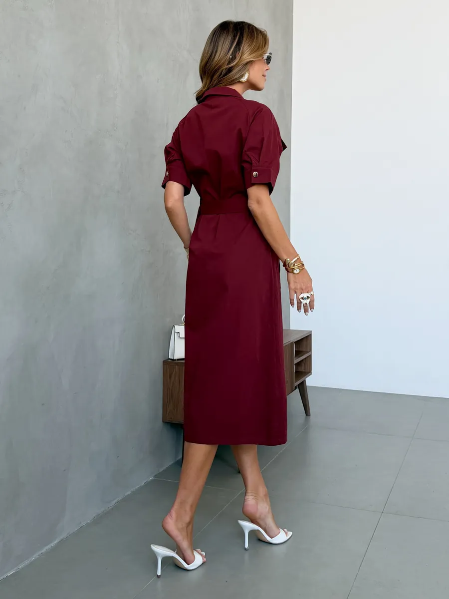 Бордовое повседневное летнее платье рубашка офисное