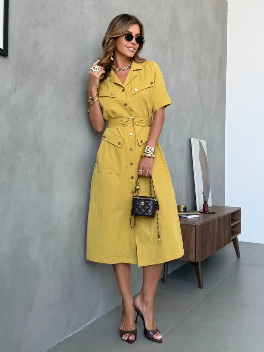 Желтое повседневное летнее платье рубашка офисное