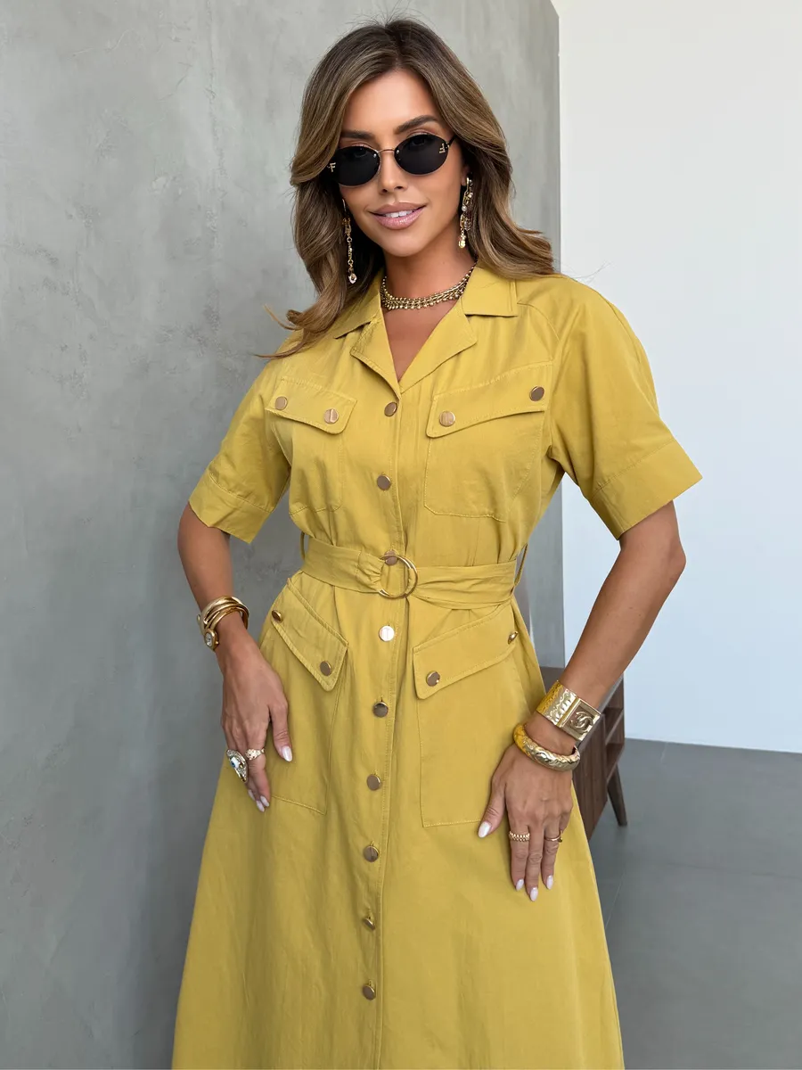 Желтое повседневное летнее платье рубашка офисное
