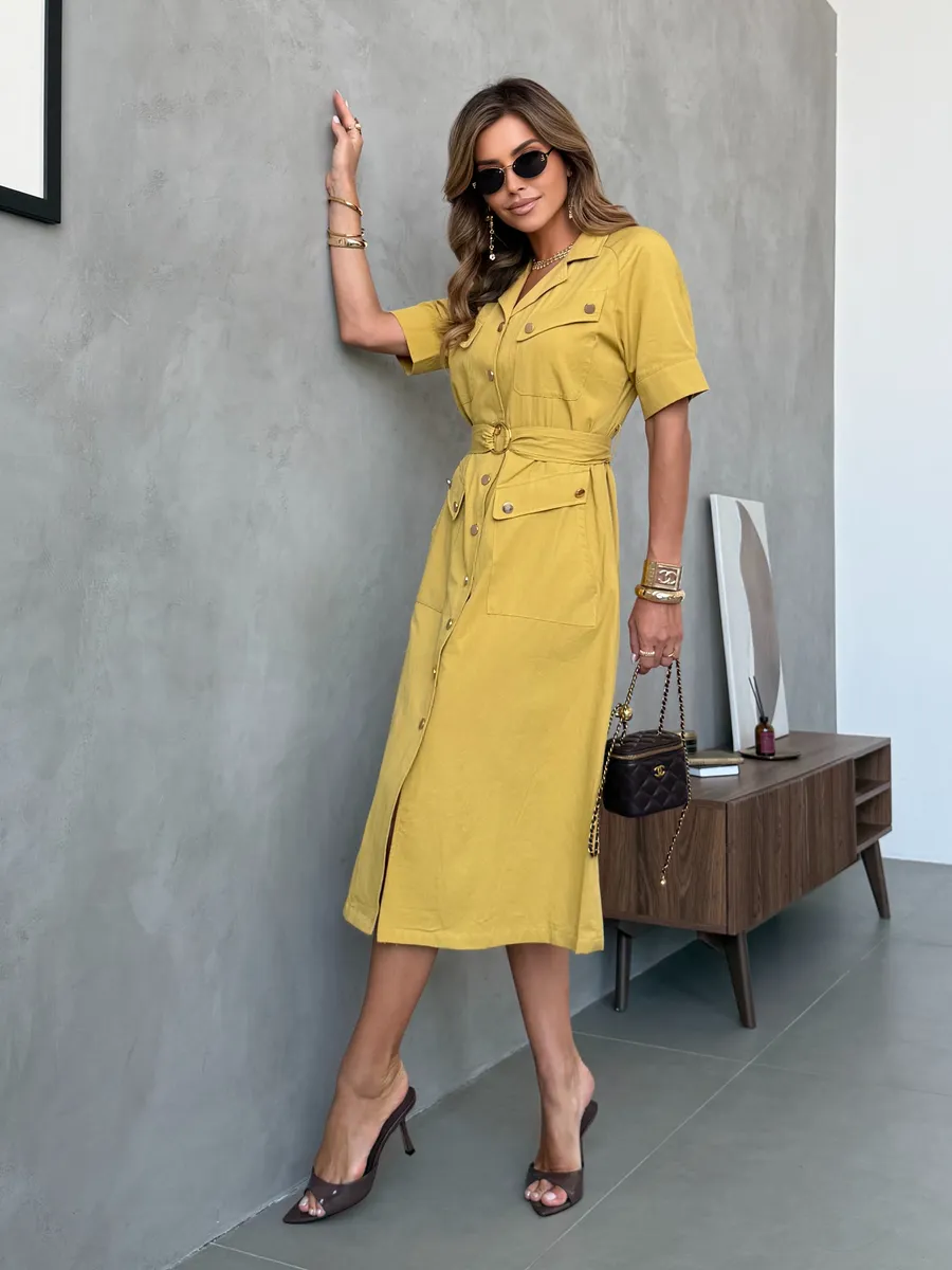 Желтое повседневное летнее платье рубашка офисное