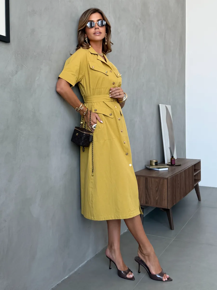 Желтое повседневное летнее платье рубашка офисное