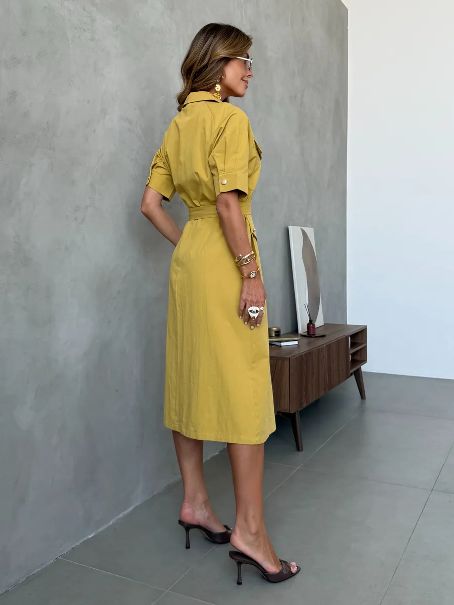 Желтое повседневное летнее платье рубашка офисное