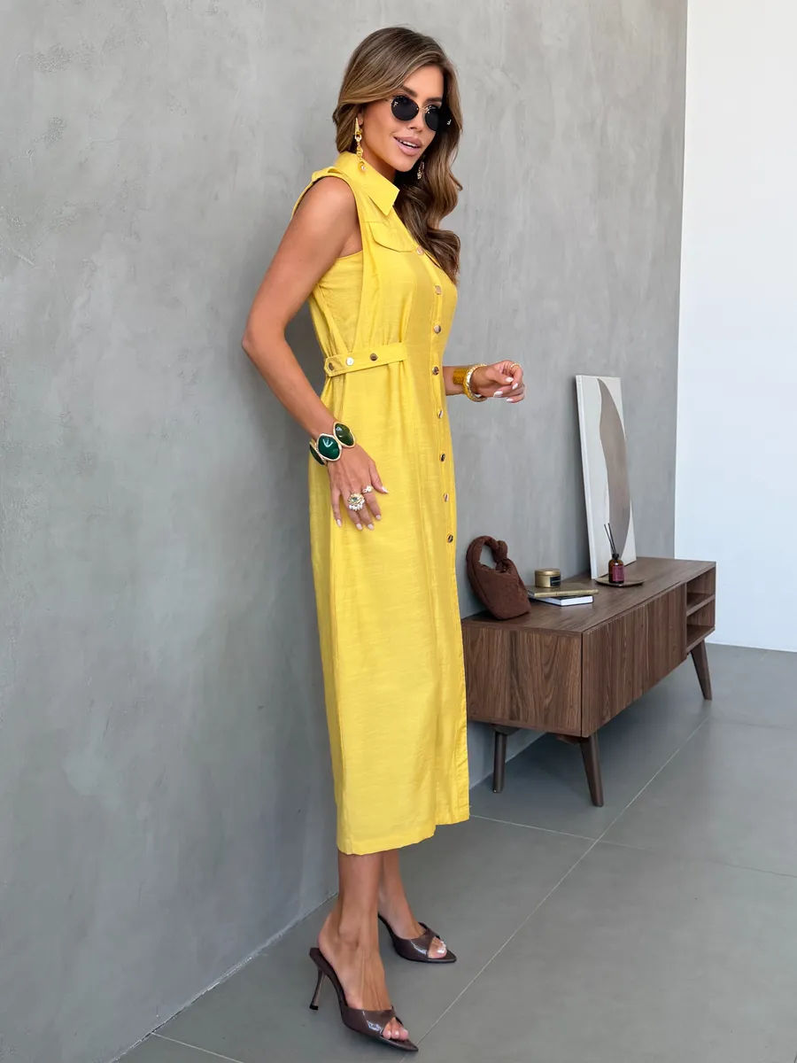 Желтое повседневное летнее платье рубашка