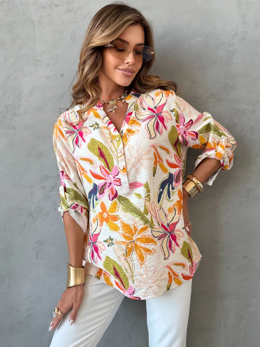 Оранжевая летняя нарядная блузка легкая с цветочным принтом