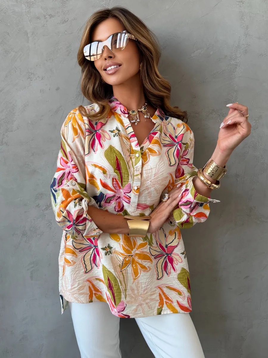 Оранжевая летняя нарядная блузка легкая с цветочным принтом