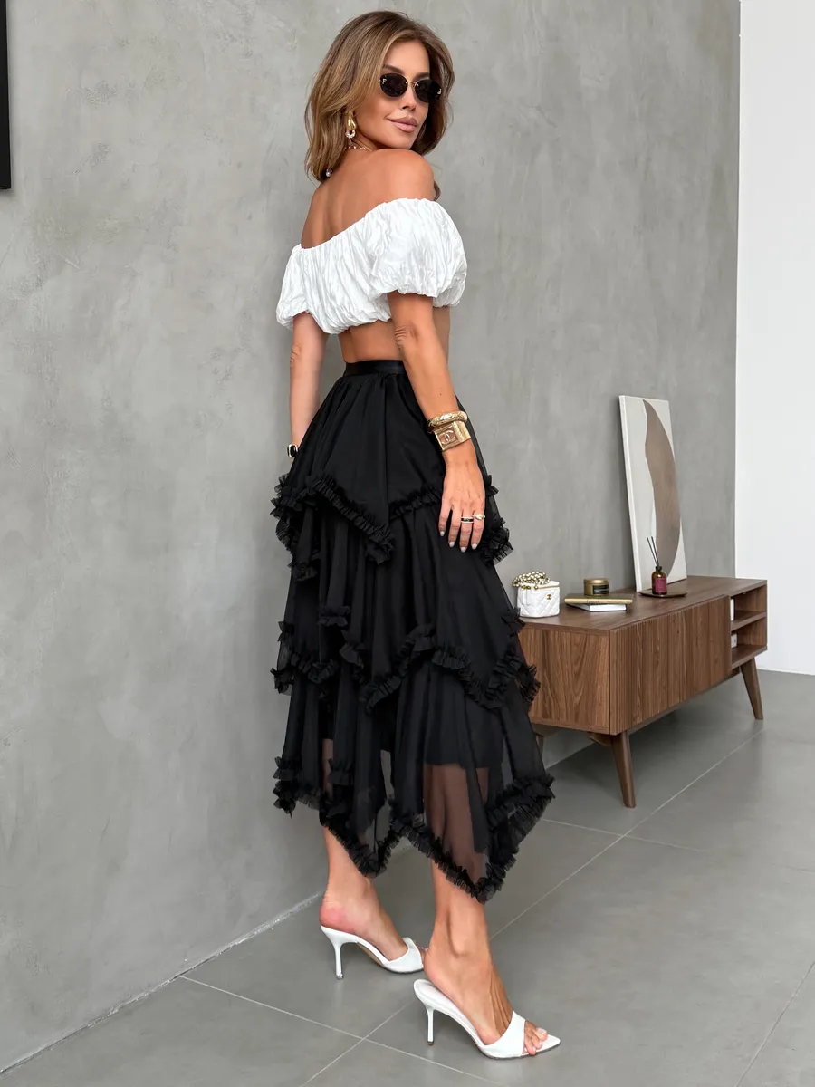 Черная длинная летняя юбка миди фатиновая асимметричная