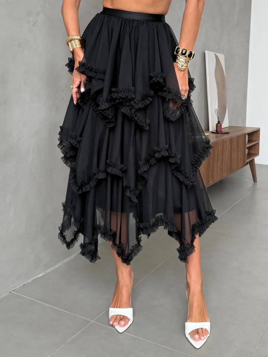 Черная длинная летняя юбка миди фатиновая асимметричная